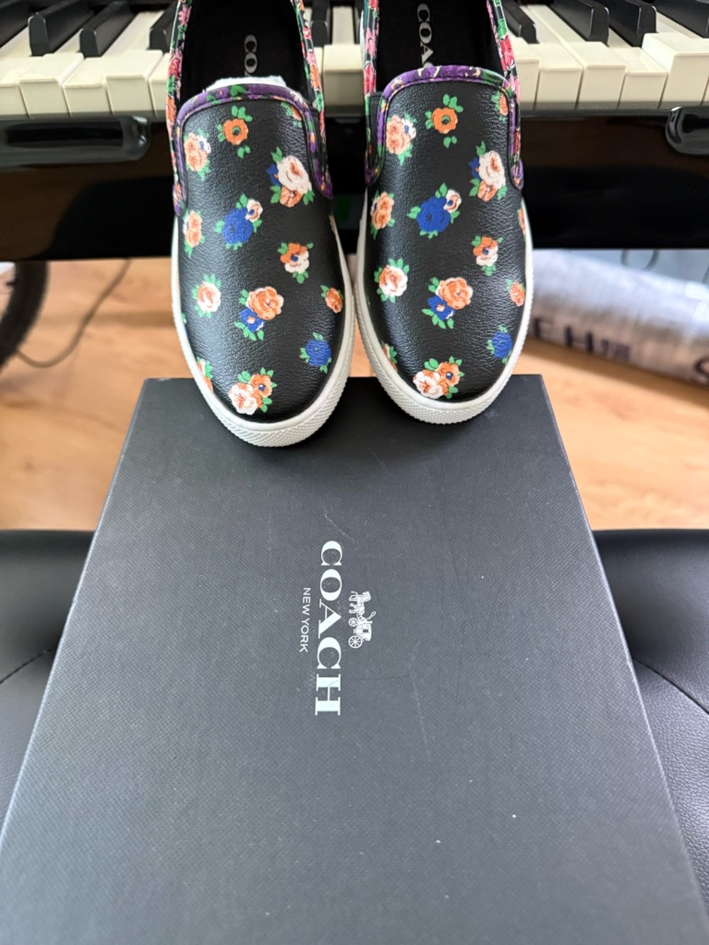 Coach Black Floral Slip-On Loafers with Pink Blue and Orange Flowers